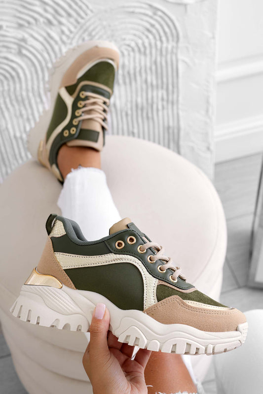 MELANIA - Green sneakers with high sole and contrasting panels