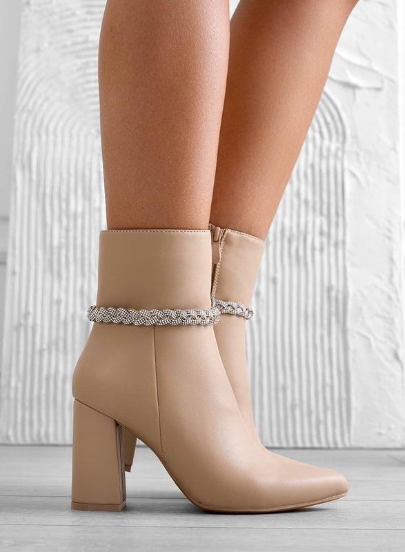 PENELOPE - Beige ankle boots with silver jewel braid