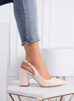 ANGELICA – Beige pointed slingback pumps with block heel