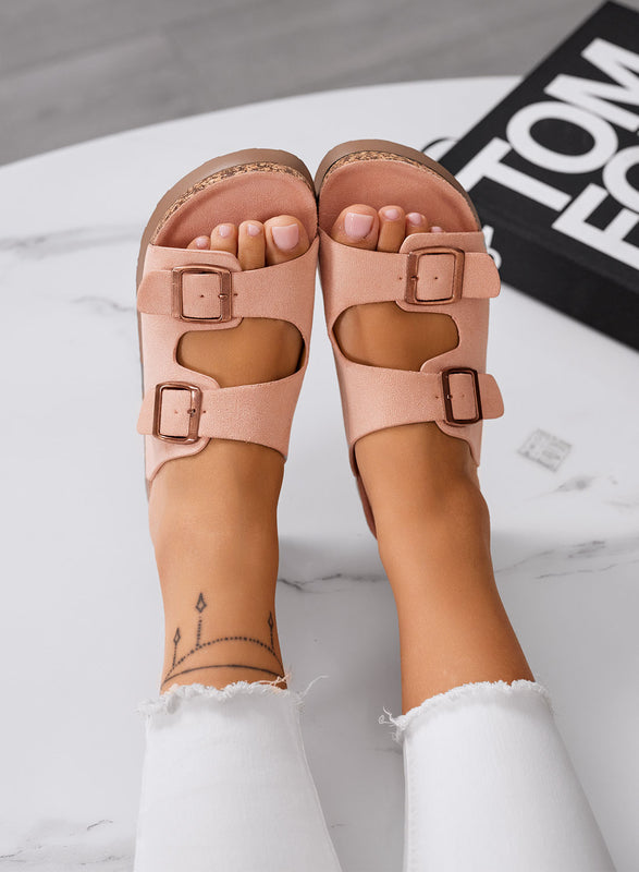 INES - Sandali Ciabatte rosa in camoscio con fibbie e suola comfort in sughero