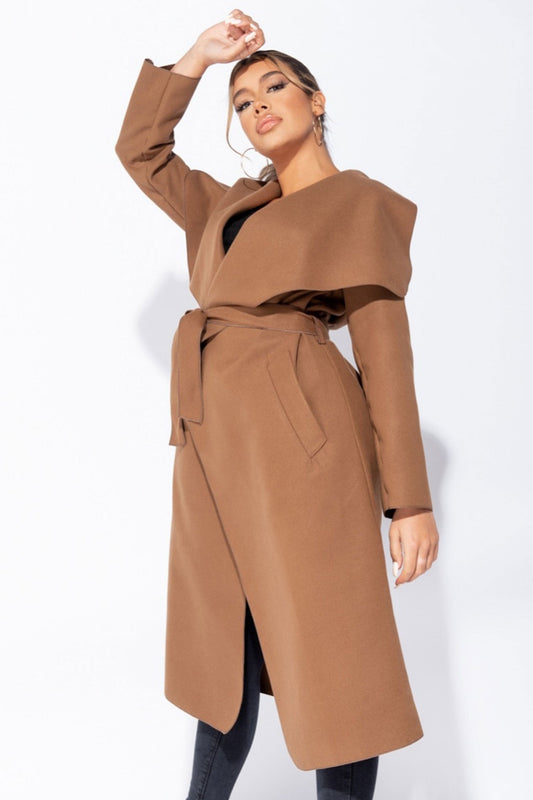 Camel long coat with waist drawstring