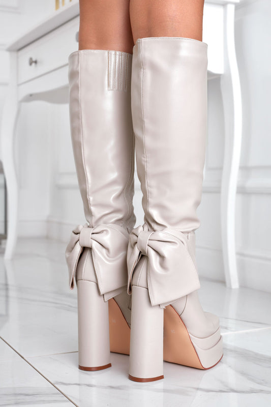 MARISOL - Alexoo beige platform boots with bow and high heel