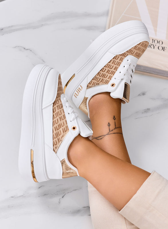 CAMILLA - Sneakers bianche platform con inserti in tessuto beige