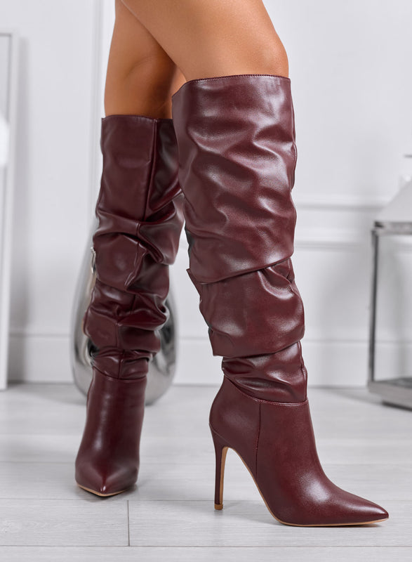 FATIMA - Botas altas burdeos fruncidas con tacón de aguja