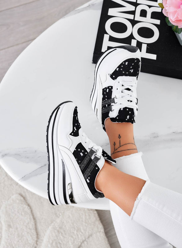 AVERY - White sneakers with wedge and black denim inserts