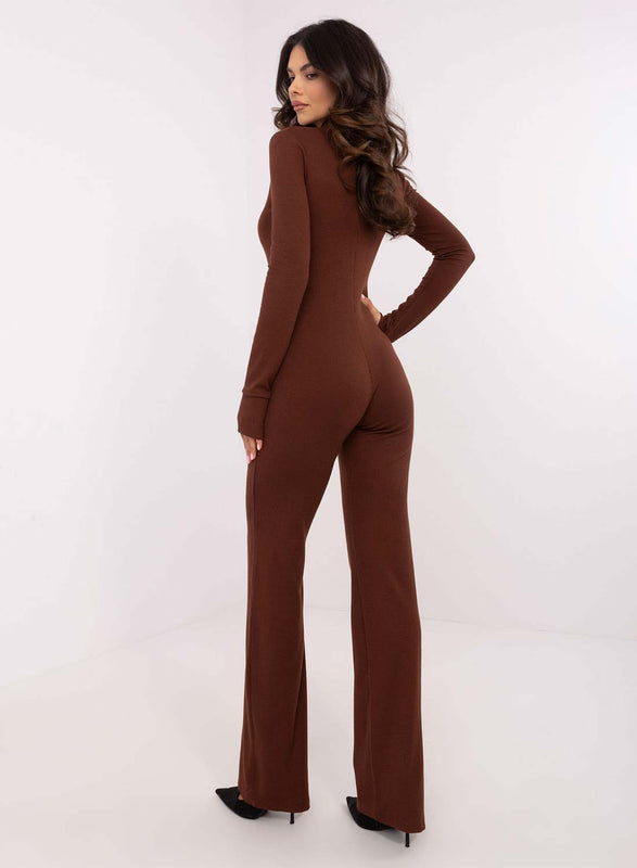 Brown ribbed jumpsuit with zip