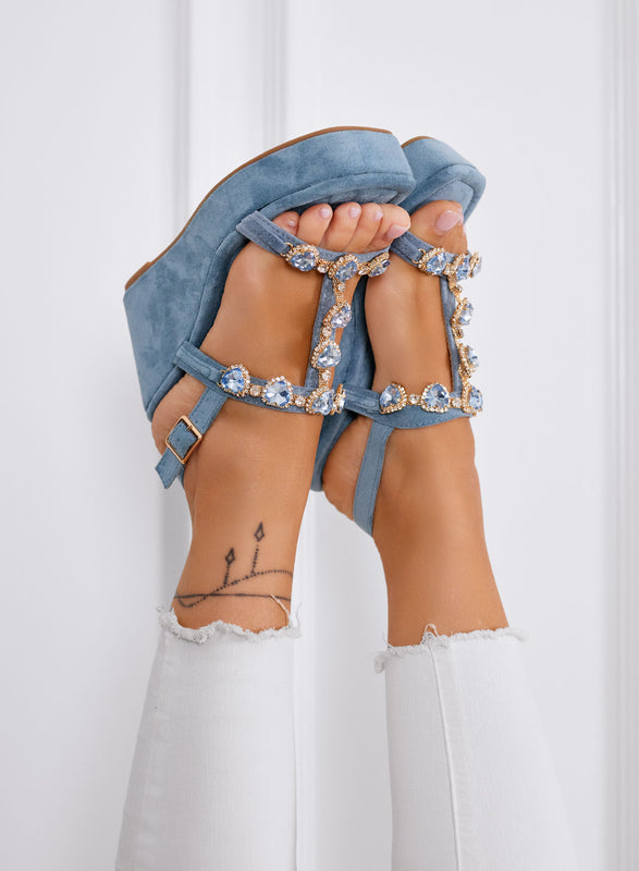 DIVA - Sandales compensés bleus avec strass et brides bijoux