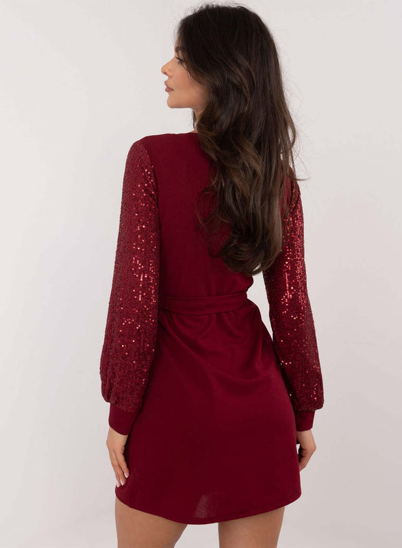 Burgundy dress with sequin sleeves