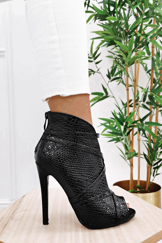 FABIOLA - Black ankle boots with python print high heels and open toe