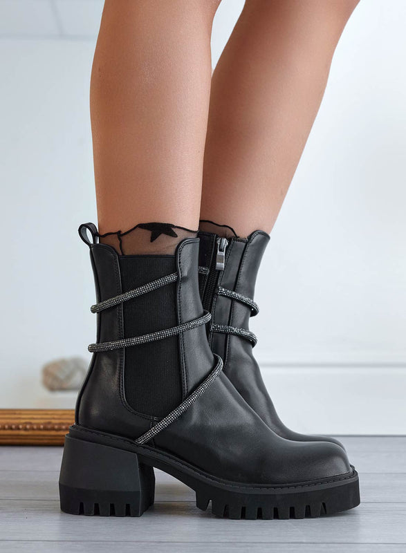 Black Alexoo ankle boots with elastic and rhinestones