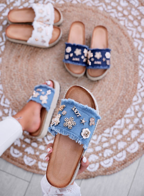 COLEEN - Blue jeans slipper sandals with gold appliques