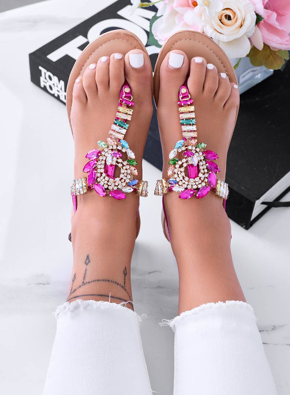 HELLEN - Fuchsia jewel flip-flop sandals with multicolor stones