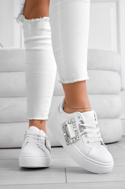 PLEASE - White jewel sneakers with silver contrast band