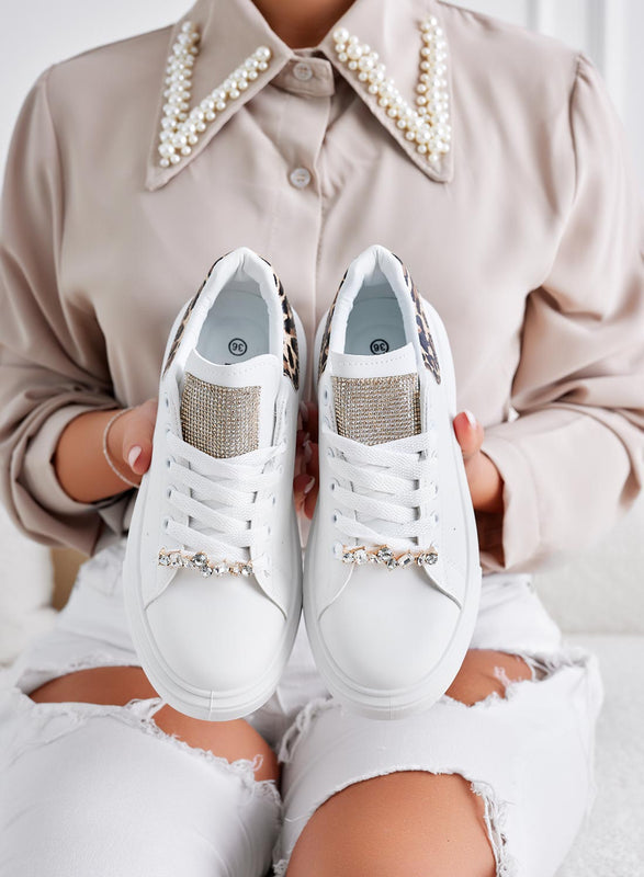 ANDREINA - White sneakers with jewel application and leopard-print back