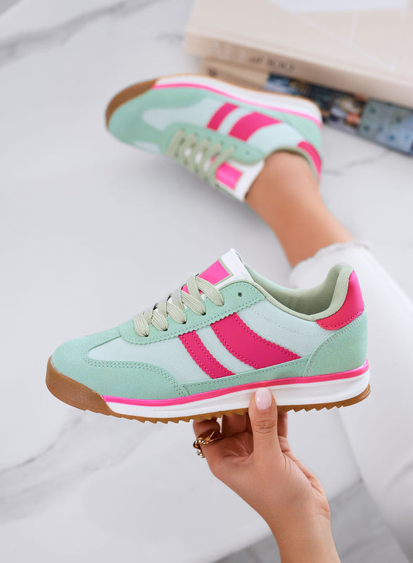 JUNO - Green fabric sneakers with fuchsia details and rubber sole