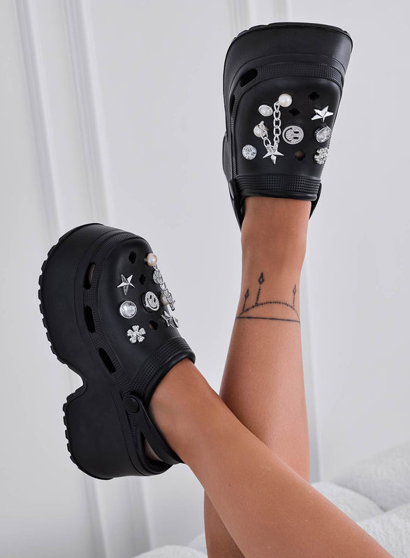 MINNA - Black rubber jewel platform clogs