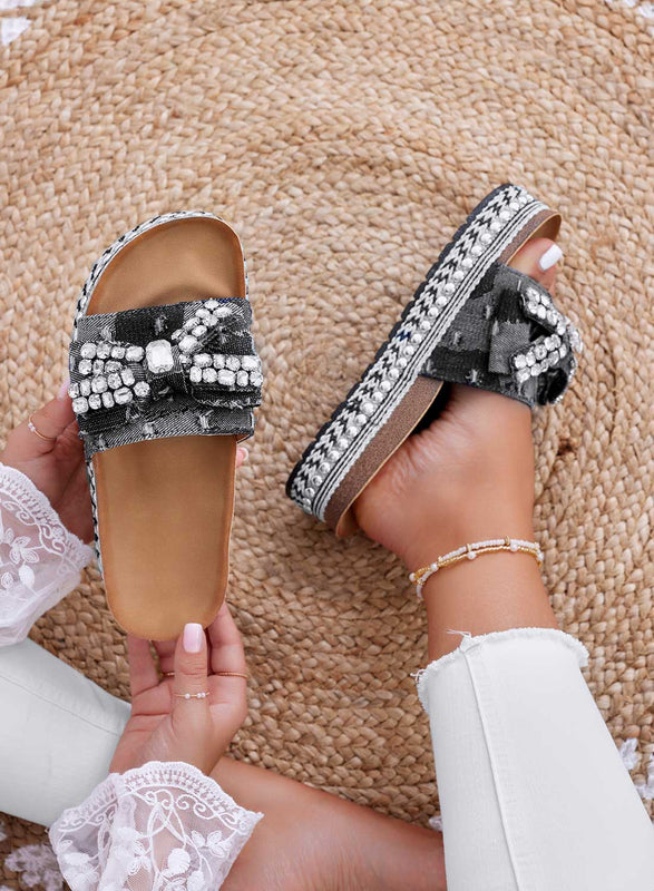 TERESA - Black jeweled denim slipper sandals