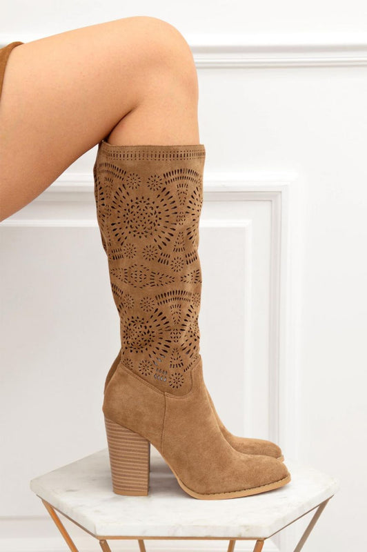 MARLENA - Camel perforated boots with block faux wood heel