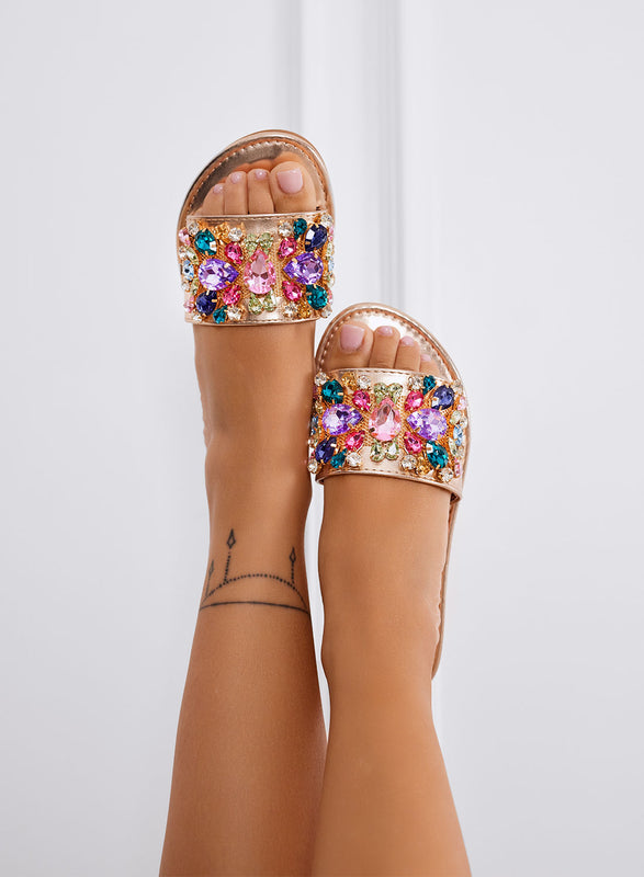 CLELIA - Jewel sandals and slippers in champagne with multicolor stones and low sole