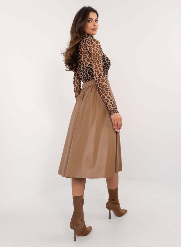 Faux leather taupe midi skirt with belt