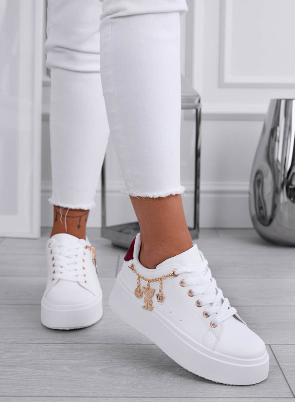 MARBELLA - White sneakers with burgundy back and gold charms