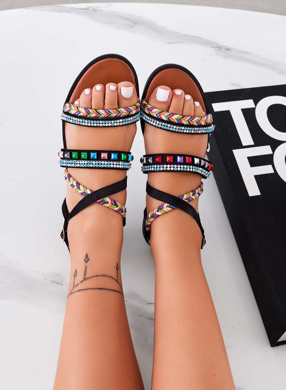 HENRY - Flat black sandals with rhinestones and multicolor studs