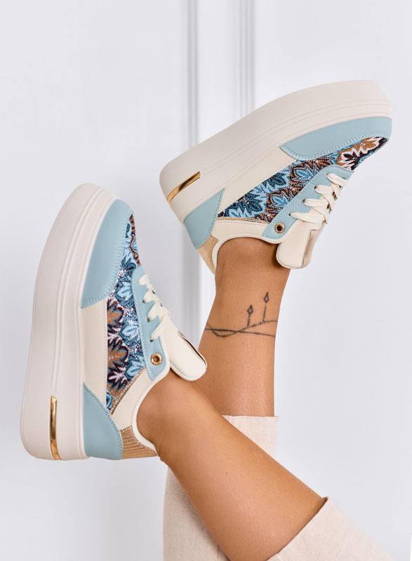 PRAGA - Blue platform sneakers with patterned fabric inserts