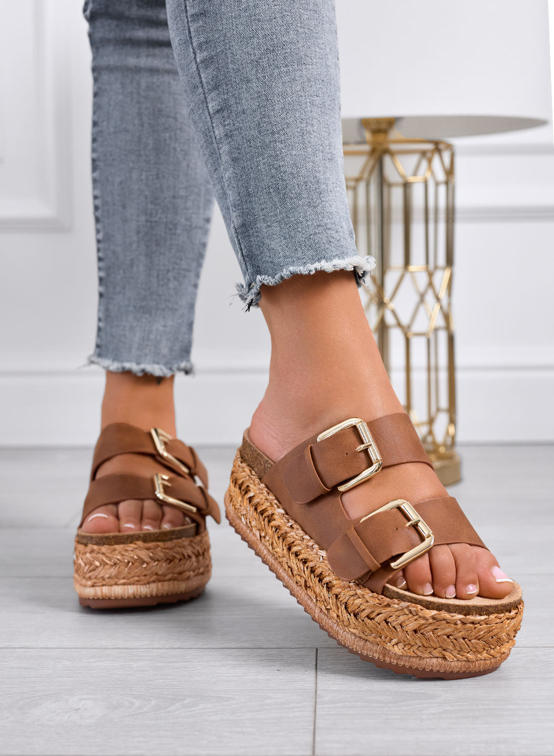DANIEL – Brown platform slide sandals with double buckle and rope sole