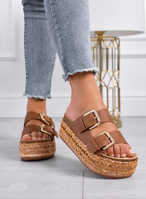 DANIEL – Brown platform slide sandals with double buckle and rope sole