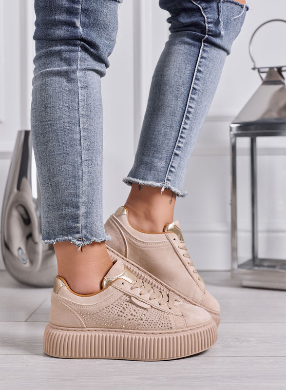 LIBERA - Sneakers Donna beige con Strass e Suola Platform Alta