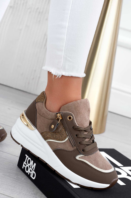 MIMMA - Brown sneakers with glitter inserts