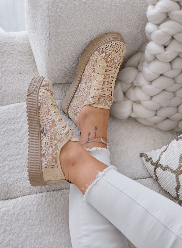 KISHA - Baskets couleur boue en dentelle avec effet transparent