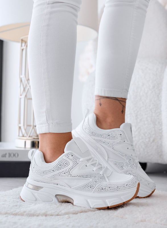 MARTINA - Baskets blanches avec strass et semelle plateforme épaisse