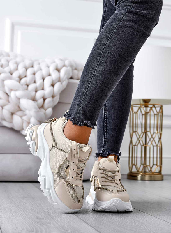 ROSANNA - Beige sneakers with high sole and rhinestones