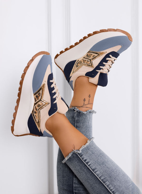 CLARISSA - Zapatillas azul y beige con detalle animal print y suela gruesa