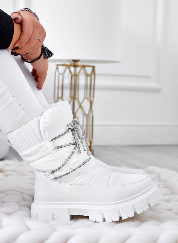 TINA - White padded ankle boots with rhinestone laces