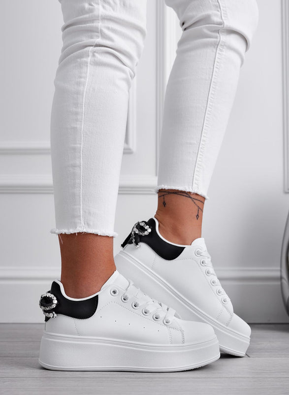 MILE - White sneakers with thick sole and rhinestone bow and black back