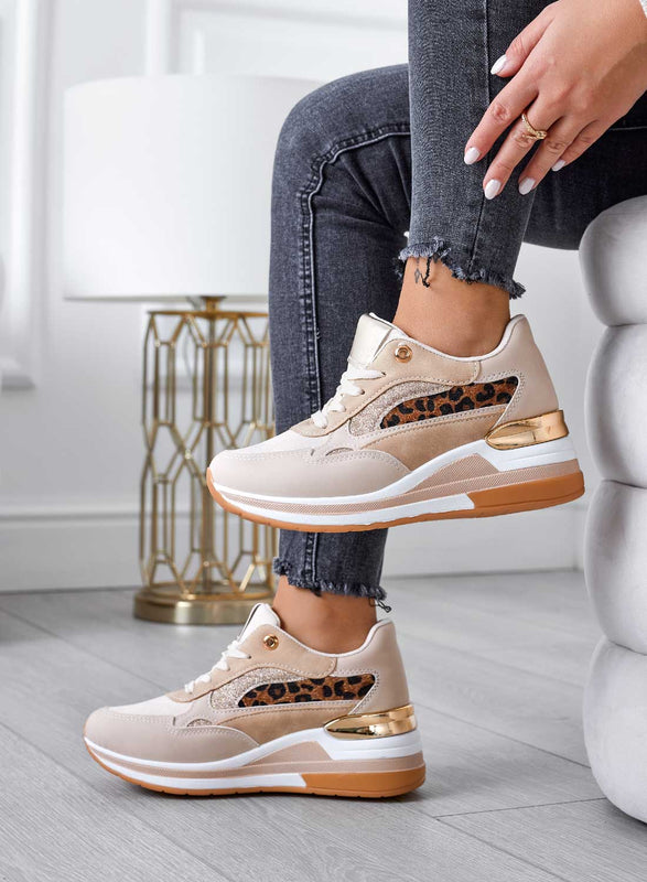 Beige sneakers with glitter and animal print inserts