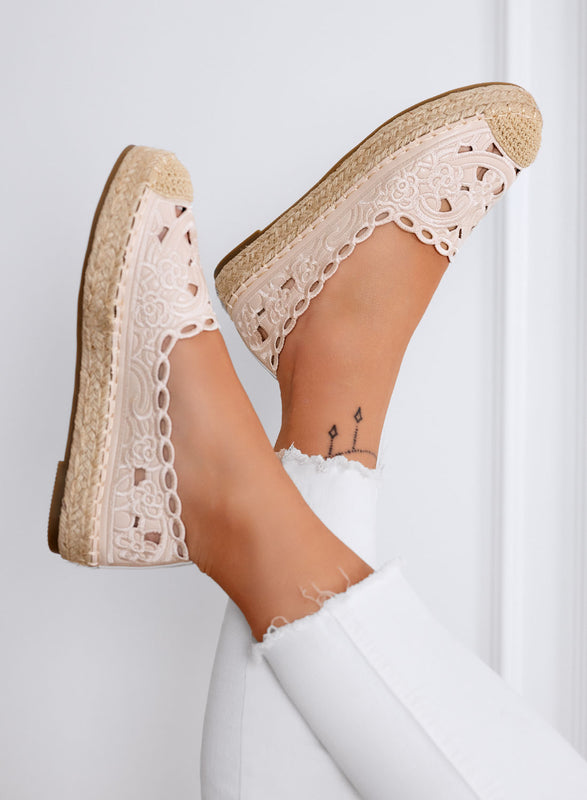 COLLINS - Espadrilles beiges en dentelle avec semelle en jute