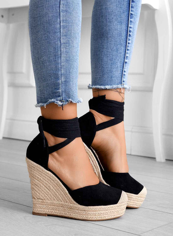 AMBRA - Black espadrilles with rope and lace wedge