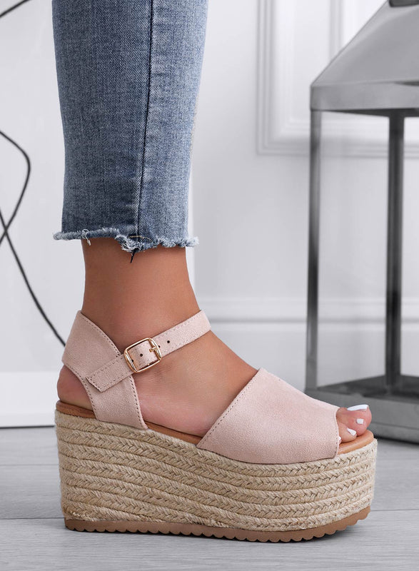 ROXIE - Beige suede espadrille sandals with wedge heel