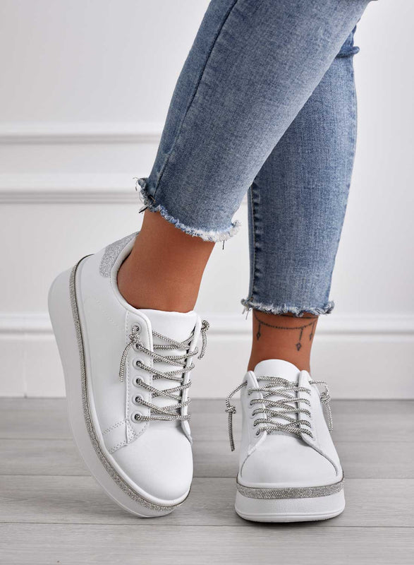 FRANKIE - White sneakers with silver jewel laces