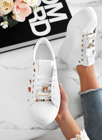 White sneakers with jewel appliqué and gold heel