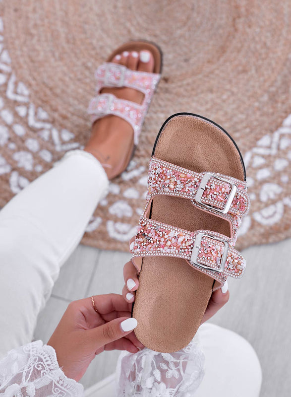 BROOKE - Pink jeweled sandals with buckles and rhinestones