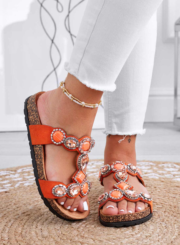 GIOIA - Orange flat slipper sandals with stones