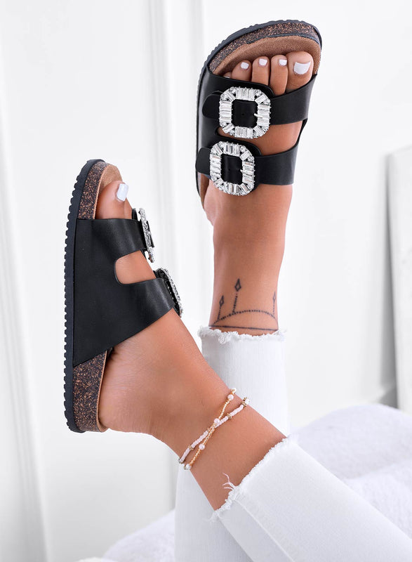 ADDY - Black cork slide sandals with rhinestone buckles