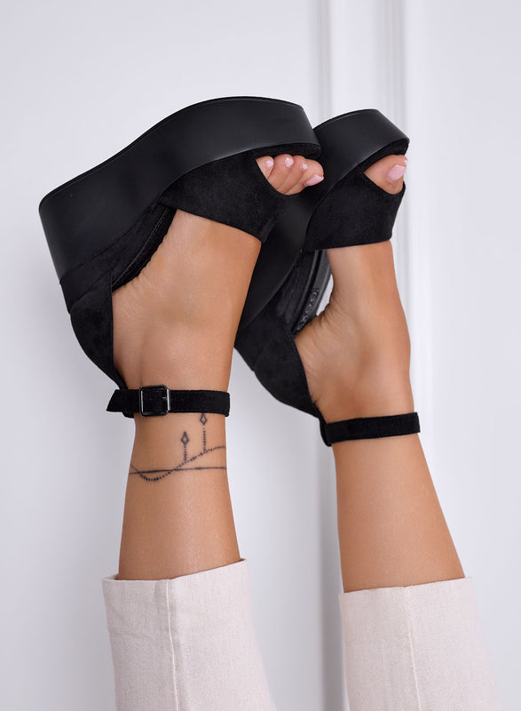 PENNY - Black suede platform sandals with ankle strap