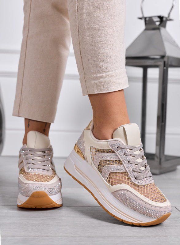 MIRANDA - Beige Platform Sneakers with Mesh Inserts and Rhinestones