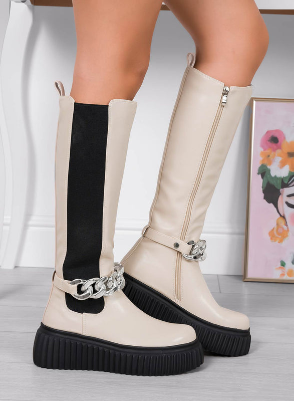 Beige Alexoo boots with elastic and removable chain