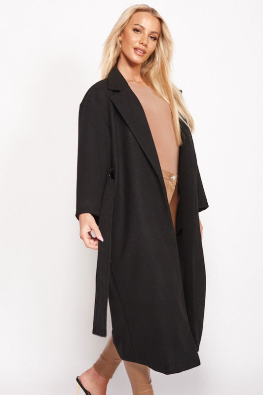 Black long coat with waist drawstring